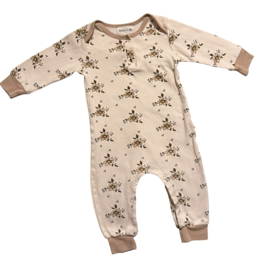 Melina & Me Floral Baby Romper 12–18M Neutral Beige Long Sleeve One Piece